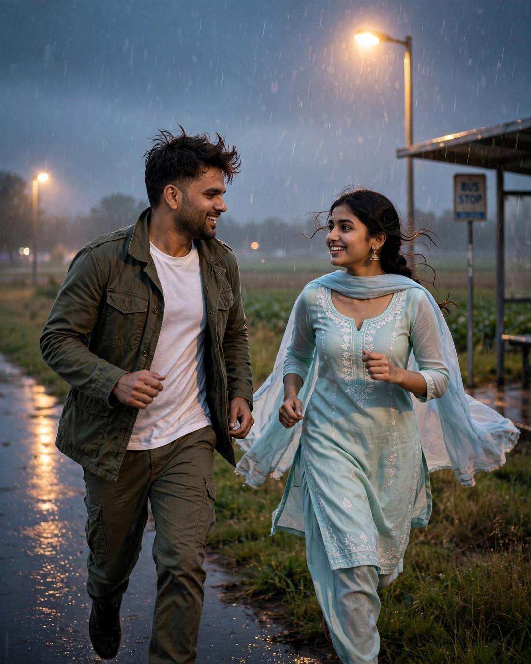 Couple running laughing in the rain by a bus stop at dawn — man in olive field jacket, woman in pastel salwar-kameez with flying dupatta