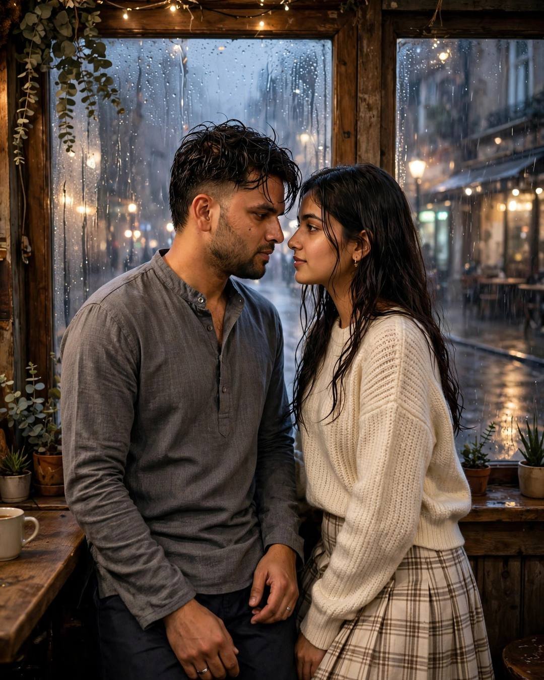 Young Indian couple face to face with foreheads almost touching inside an old cafe, rain-streaked fogged windows and city glow behind