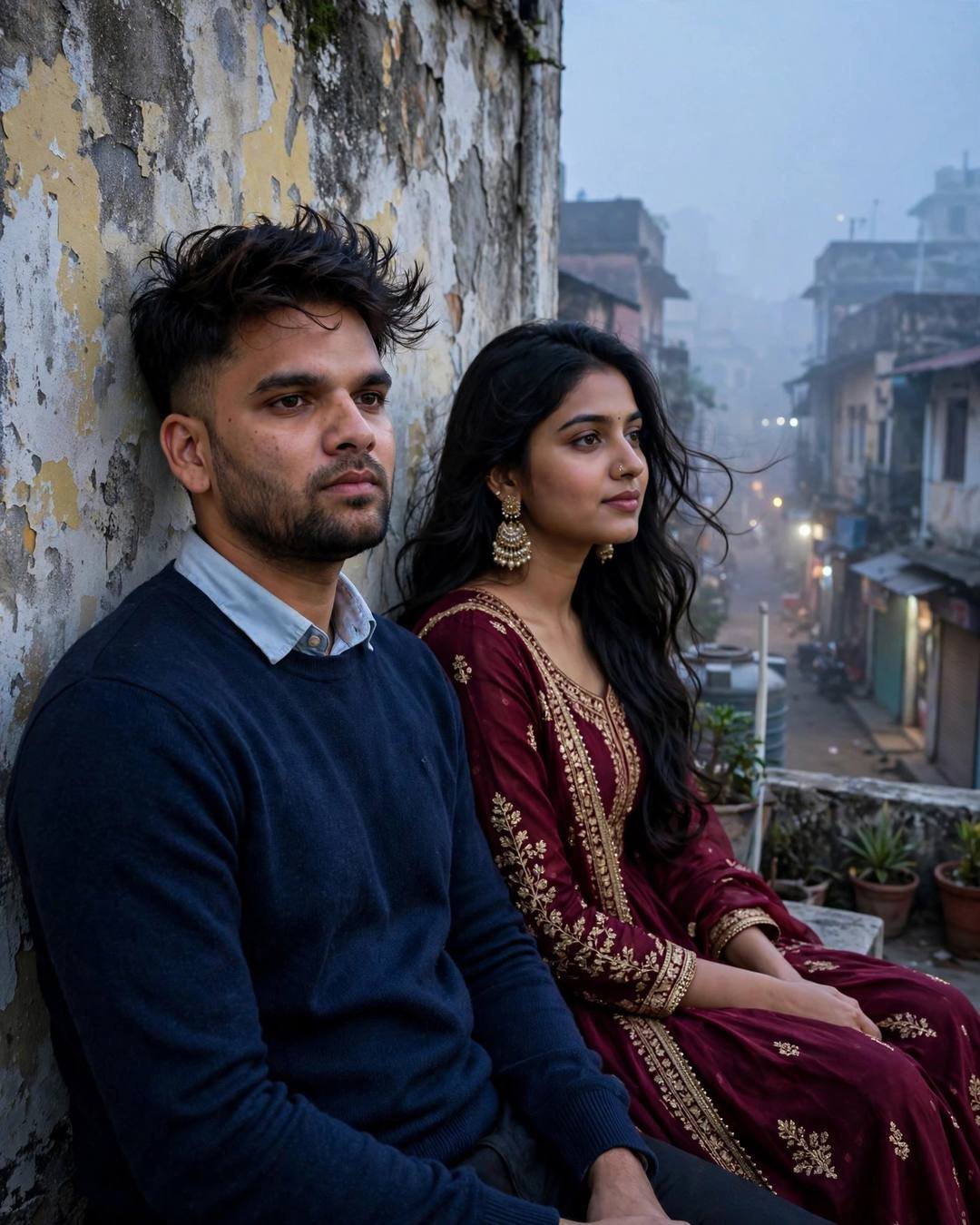 Young Indian couple sitting side by side against a weathered wall above a foggy old-city lane at blue hour, man in navy sweater and woman in maroon anarkali