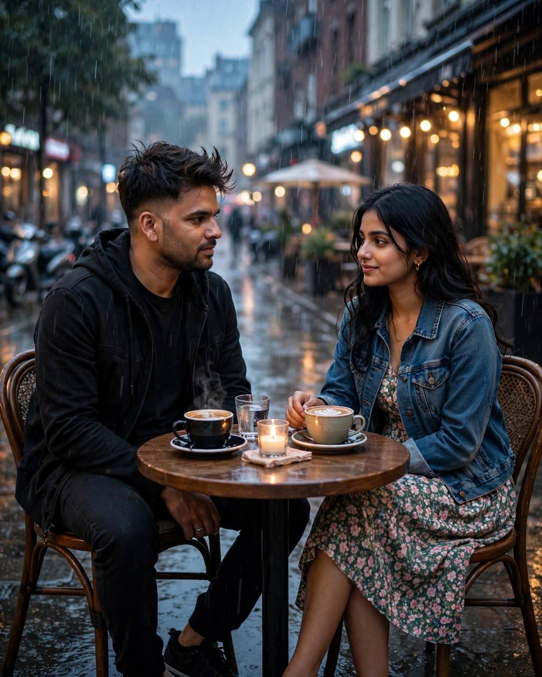 Young Indian couple sitting across a small cafe table with coffee cups and a candle, hands almost touching, rain-soaked street at blue hour
