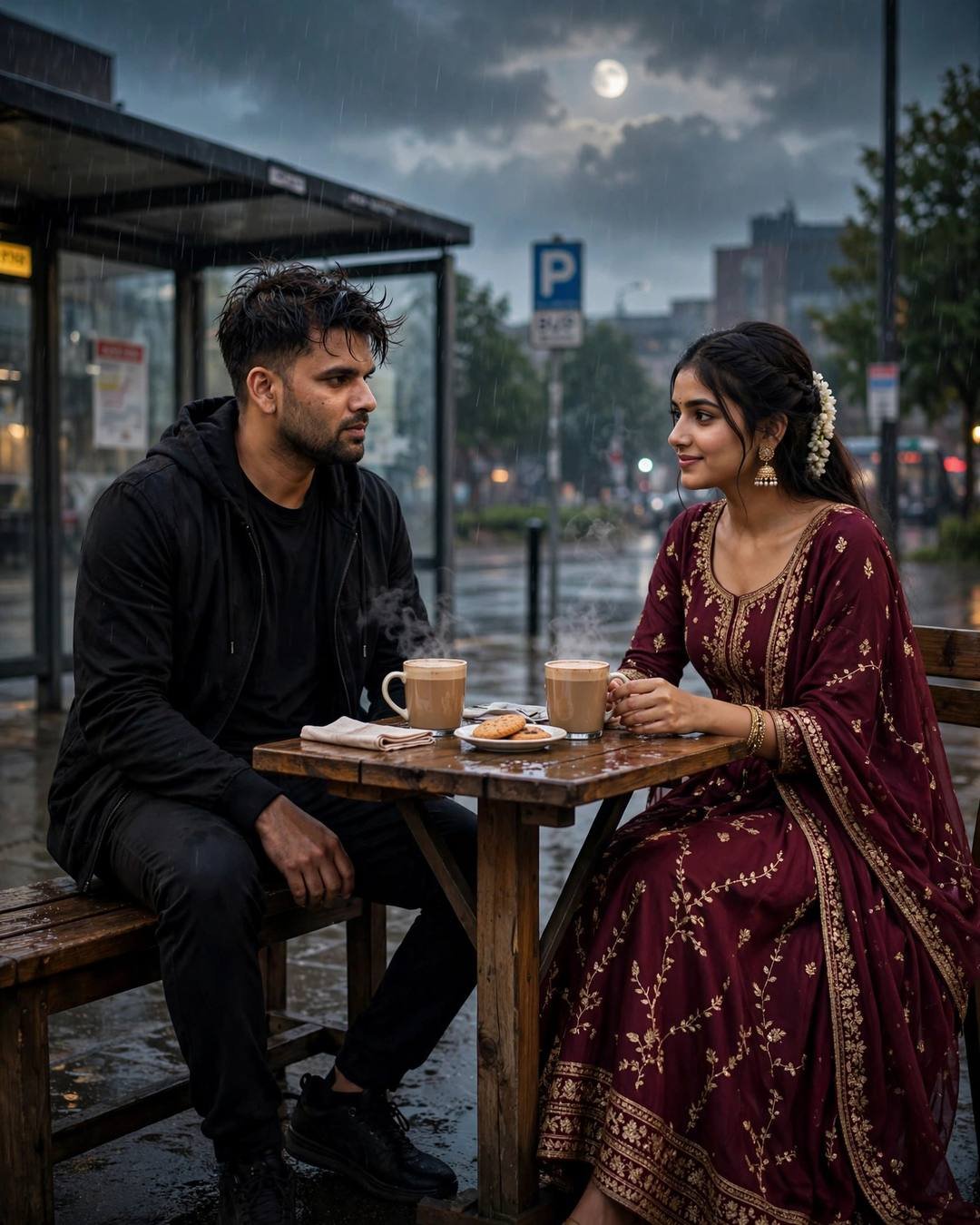 Young Indian couple at a small wooden table with chai at a rainy bus stop at night, moon in clouds, woman in maroon anarkali with gajra