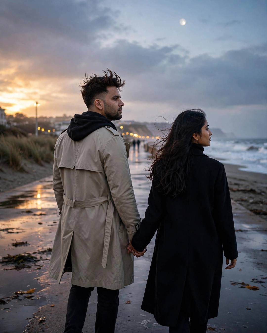 Young Indian couple walking hand in hand away from camera along a deserted beach at dusk, moon up, golden light on wet sand