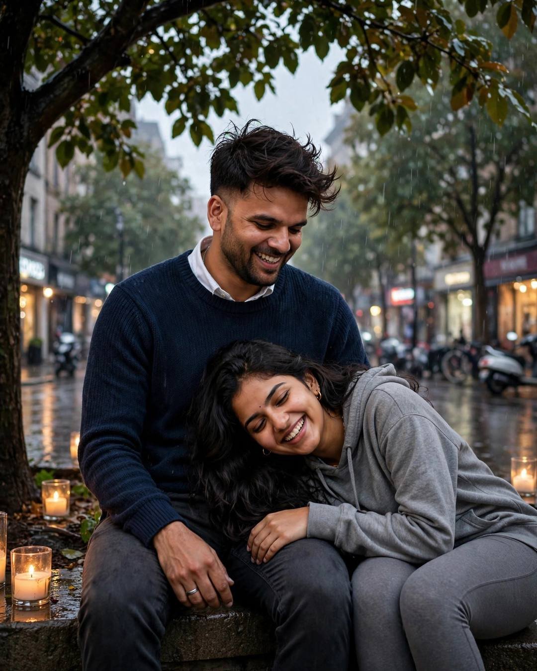 Young Indian couple laughing under a tree on a rain-wet city street at dusk, woman in grey hoodie resting head in man's lap, man in navy sweater, candles around