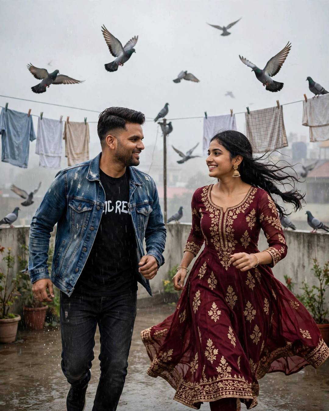 Young Indian couple running toward each other on a rainy terrace, woman in maroon anarkali with swirling pleats, man in denim jacket, pigeons flying