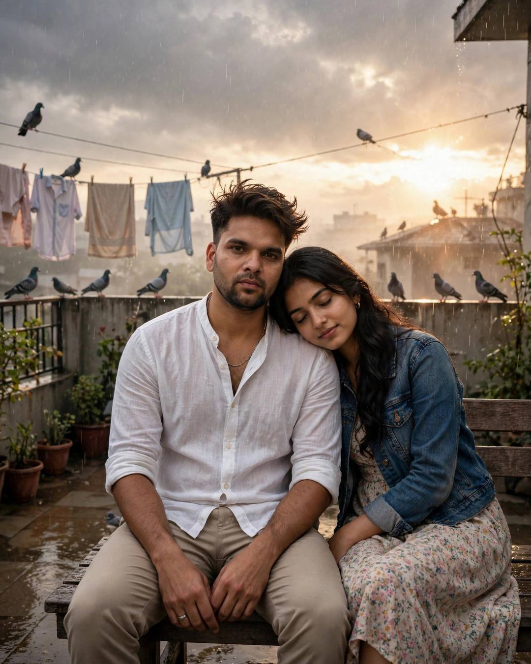 Young Indian couple sitting close on a terrace bench, woman's head on man's shoulder, denim jacket over floral dress, white linen shirt, golden flare