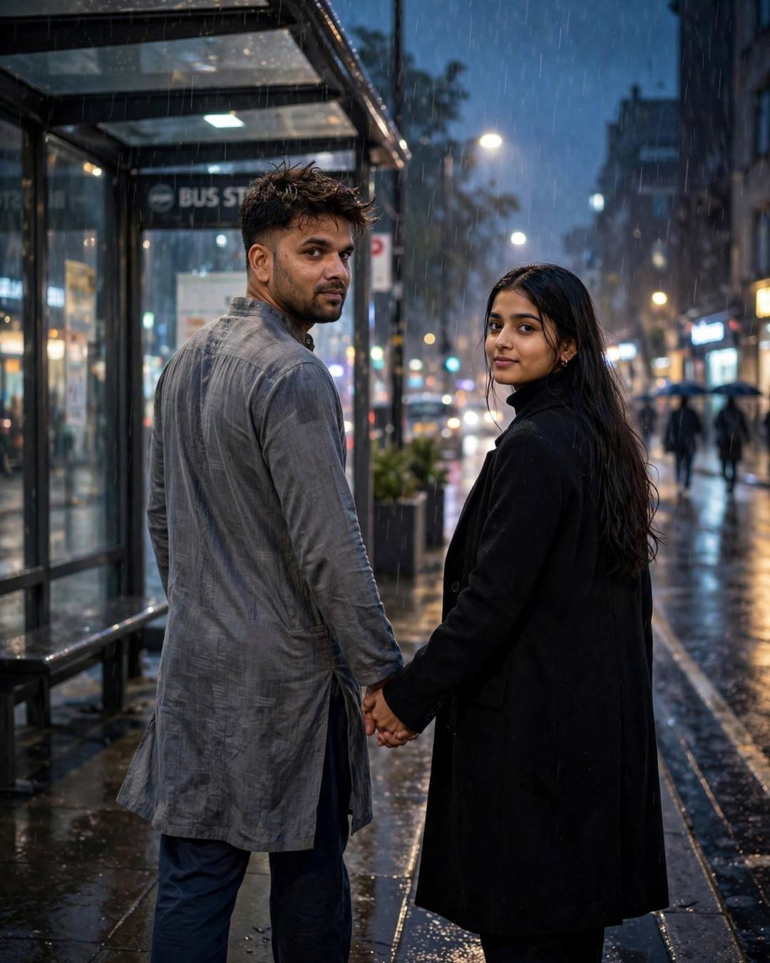 Young Indian couple walking hand in hand at a bus stop in midnight rain, man in grey kurta, woman in black turtleneck and long coat, blue-hour city glow