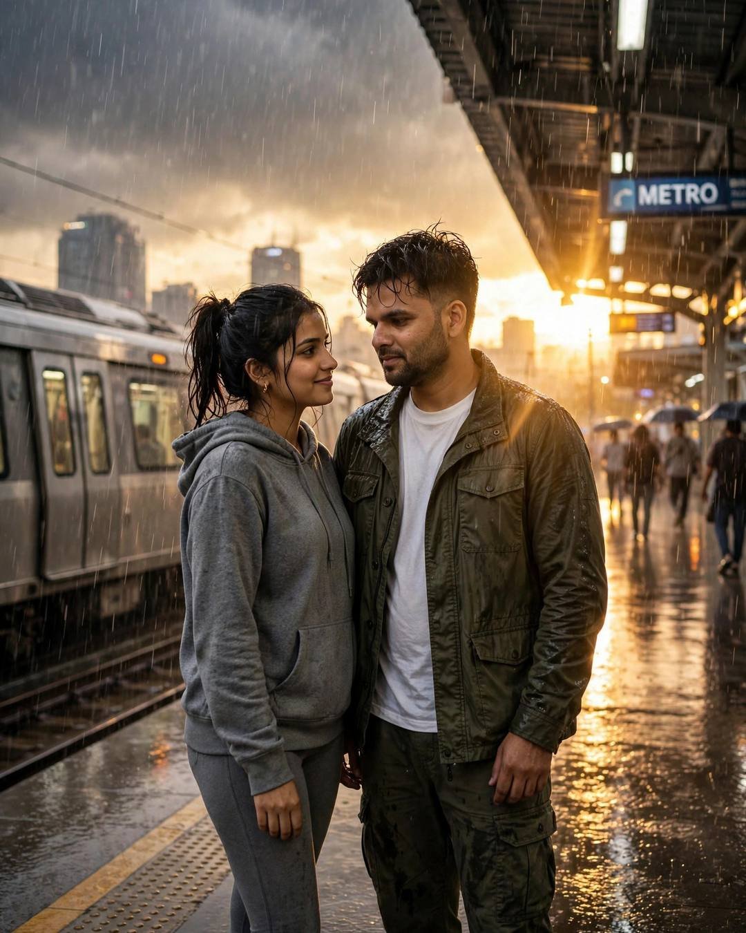 Cinematic AI portrait of a young Indian couple — wrapped in one warm quilt, watching kites, grey kurta with dark pajama, windswept textured hair, park bench under a lone lamp
