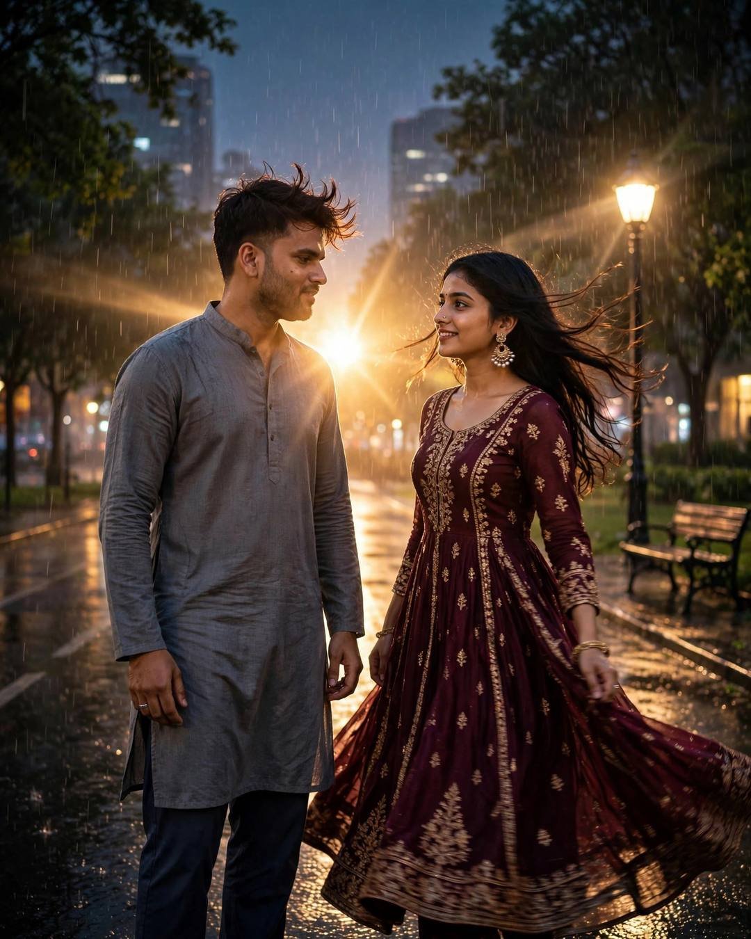 Cinematic AI portrait of a young Indian couple — fairy lights and two cups of chai, navy sweater over collared shirt, towel-dried tousled hair, terrace with drying clothes lines and pigeons
