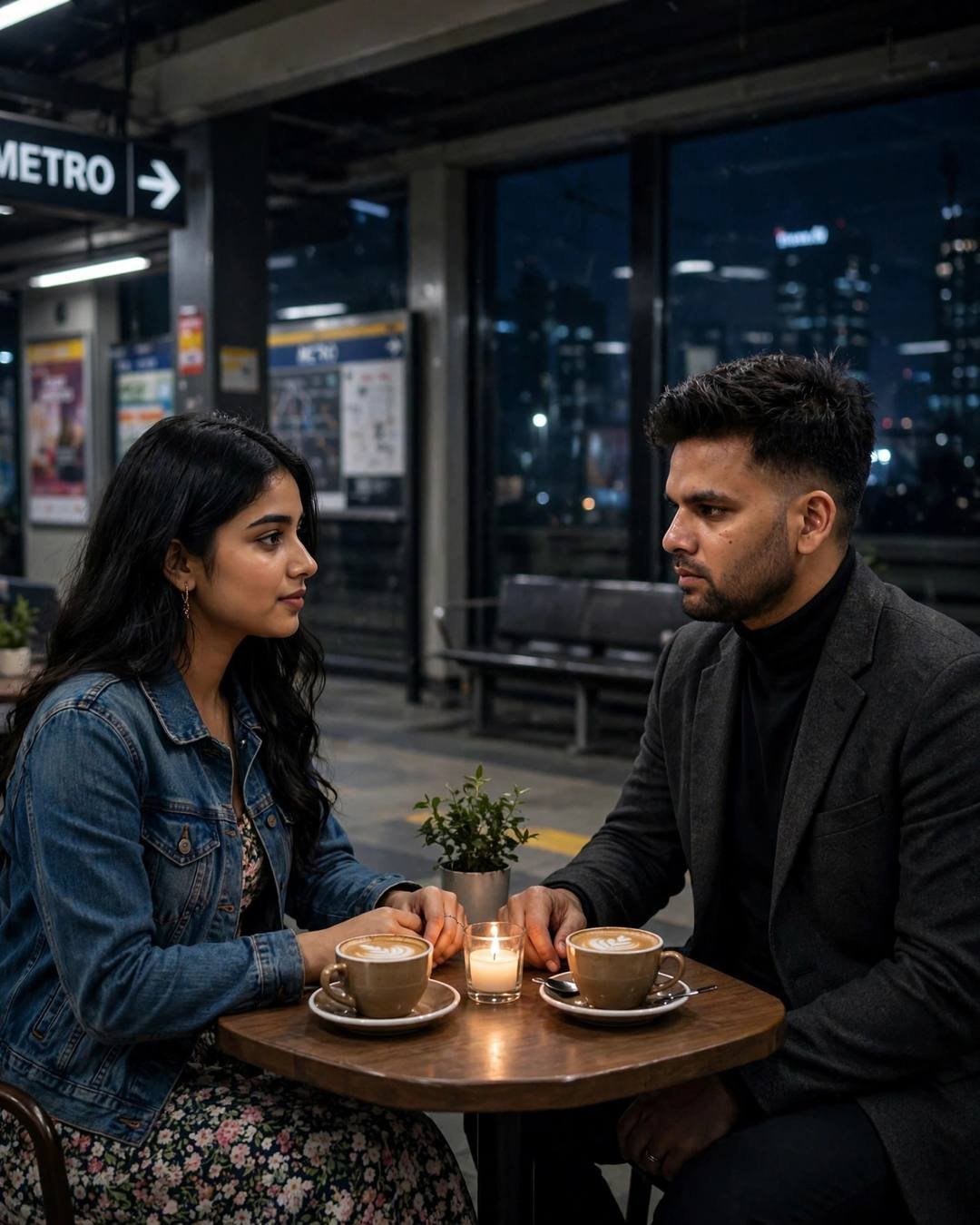 Cinematic AI portrait of a young Indian couple — both tucked in blankets, their warm breath, olive field jacket, white tee, cargo pants, neatly combed side part, midnight metro station