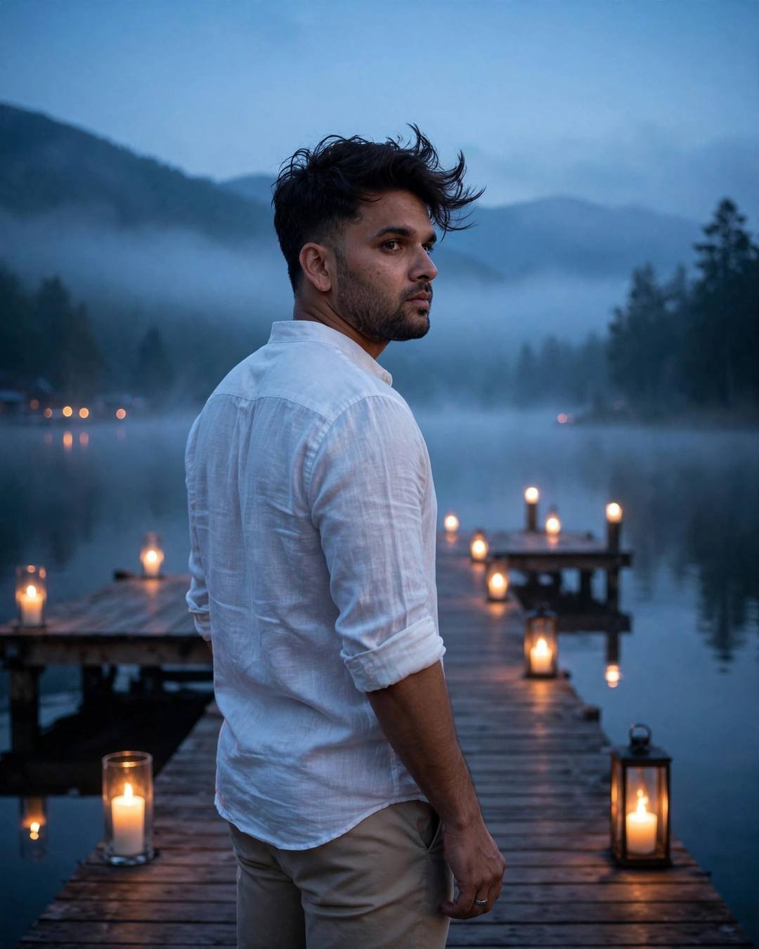 Young man in white linen shirt standing on a candle-lit wooden lake pier at blue-hour dawn, looking back over his shoulder