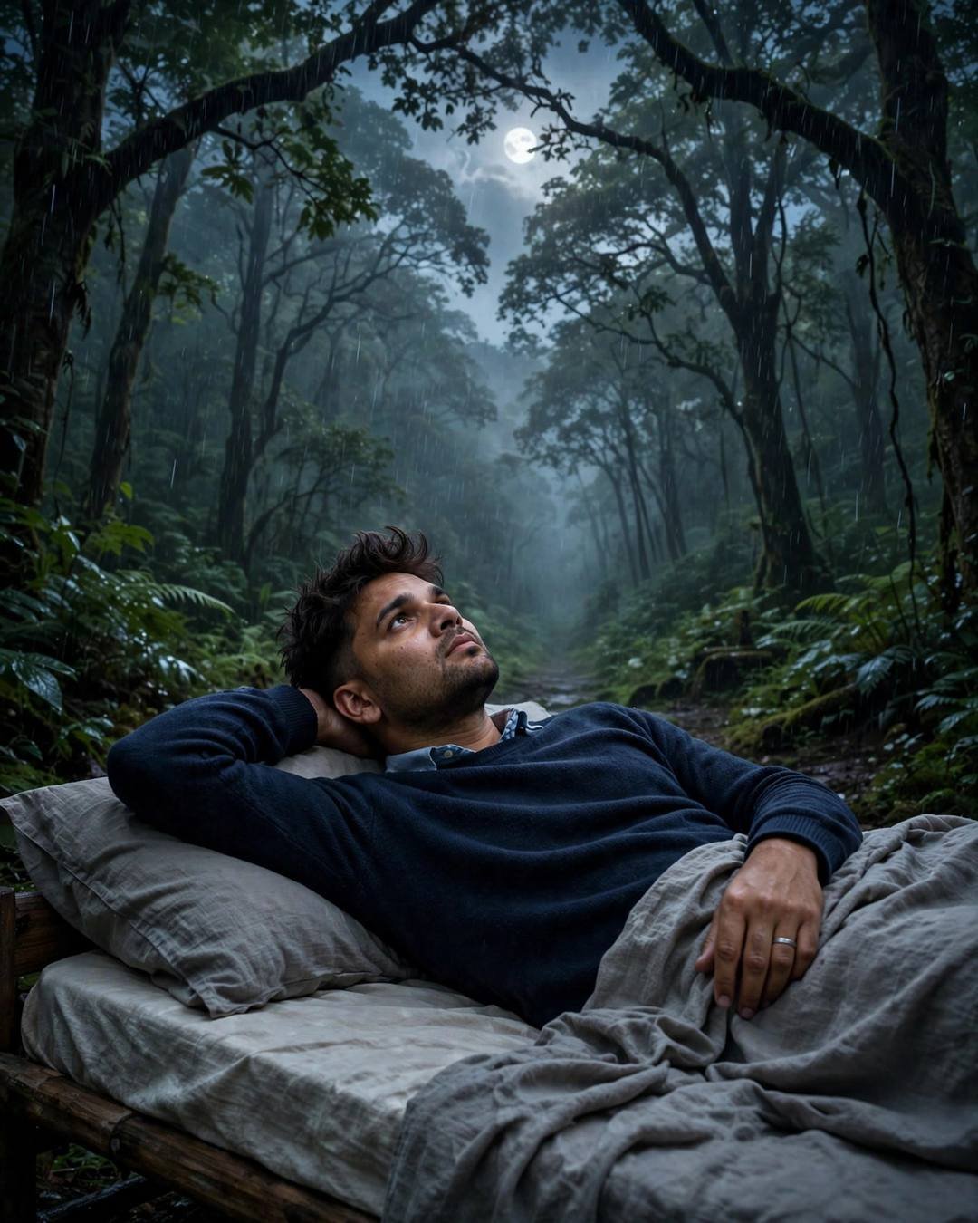Young man in a navy sweater lying on a bed in a misty monsoon forest at night, arm behind head, gazing at the moon