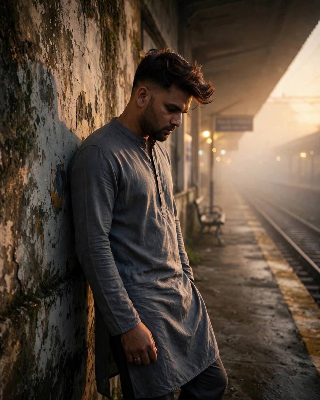 Young man in a grey kurta leaning against a weathered wall on a foggy empty railway platform at night, head tilted down