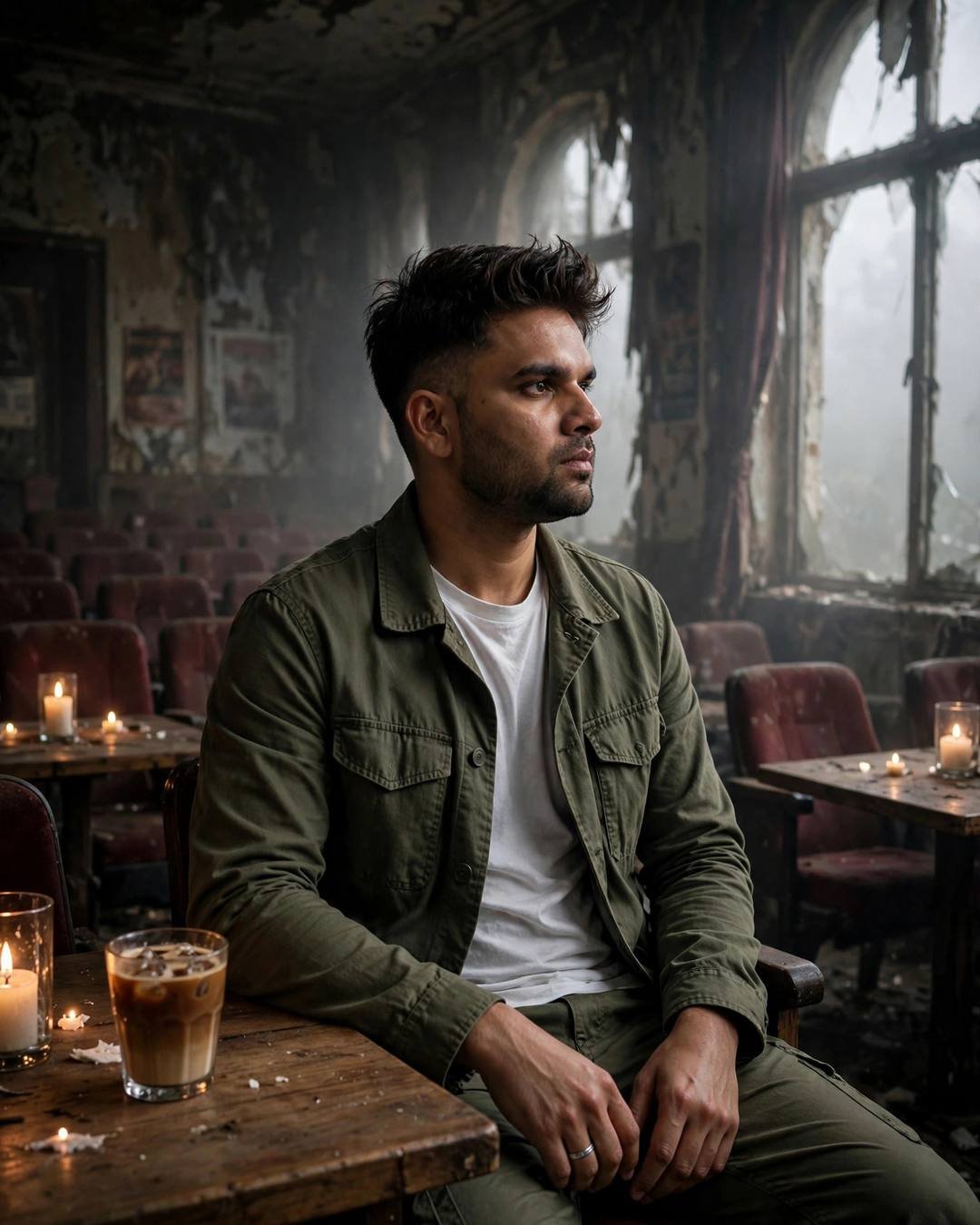 Young man in an olive field jacket sitting with a cold coffee at a candle-lit table inside an abandoned cinema hall, lost in thought
