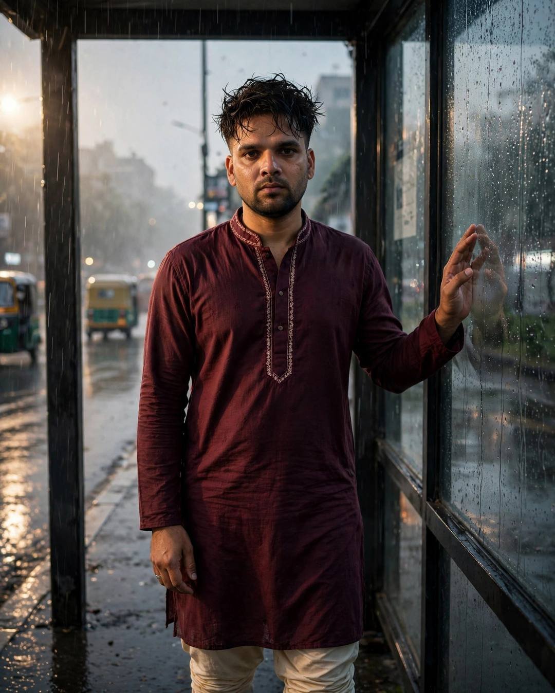 Young man in a maroon kurta standing at a rain-streaked bus stop window in the rain, one hand on the glass