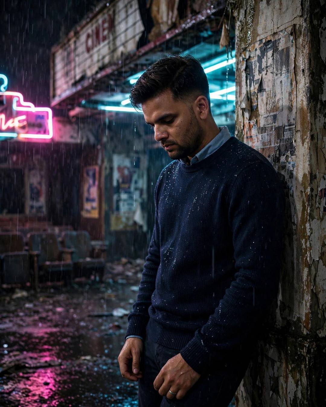 Young Indian man in navy sweater leaning against a weathered wall at a rainy abandoned cinema hall under pink and cyan neon light