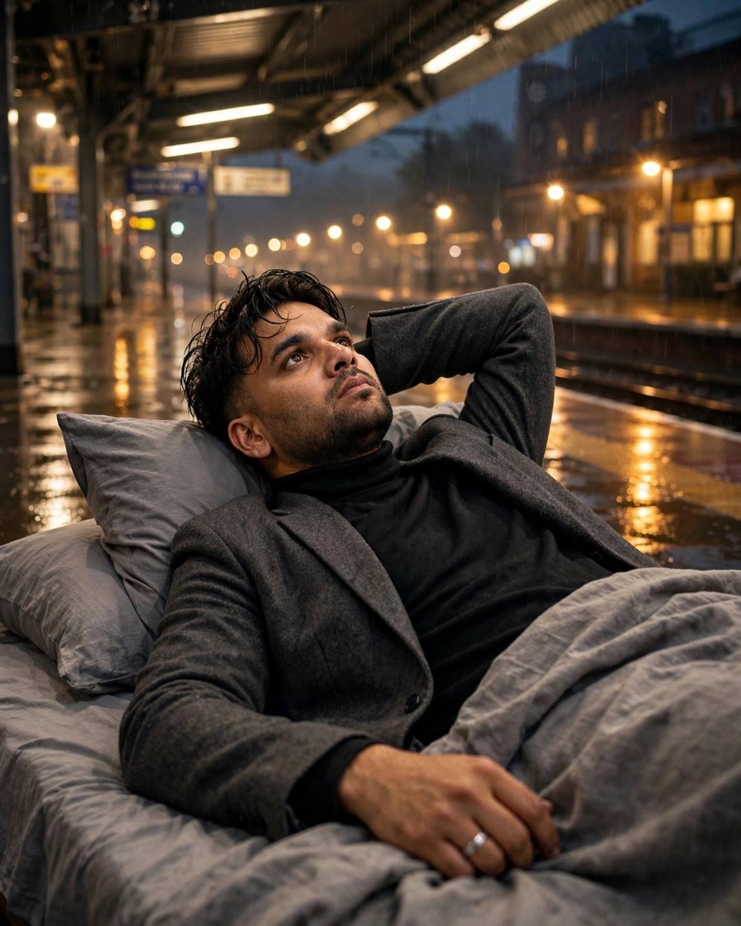 Young Indian man in charcoal blazer and black turtleneck lying on a bed on a rainy railway platform at night