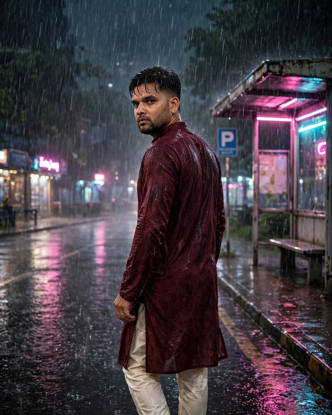 Young Indian man in a rain-soaked maroon kurta with cream churidar walking past a bus stop on a flooded street under pink and cyan neon light