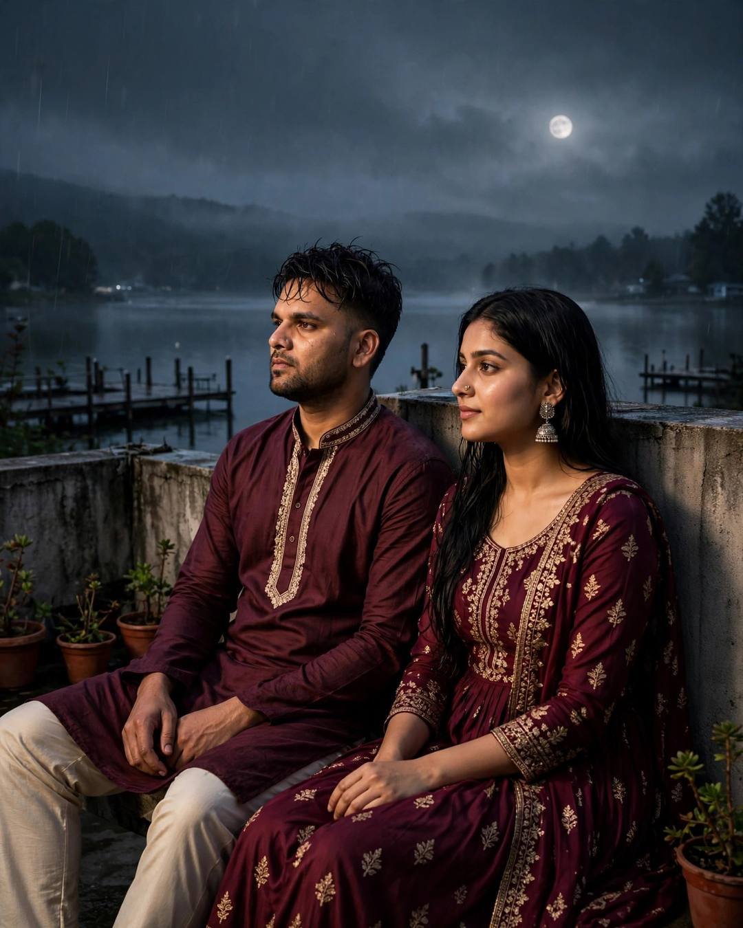 Young Indian couple in matching maroon outfits sitting side by side on a rooftop wall overlooking a moonlit lake pier at night