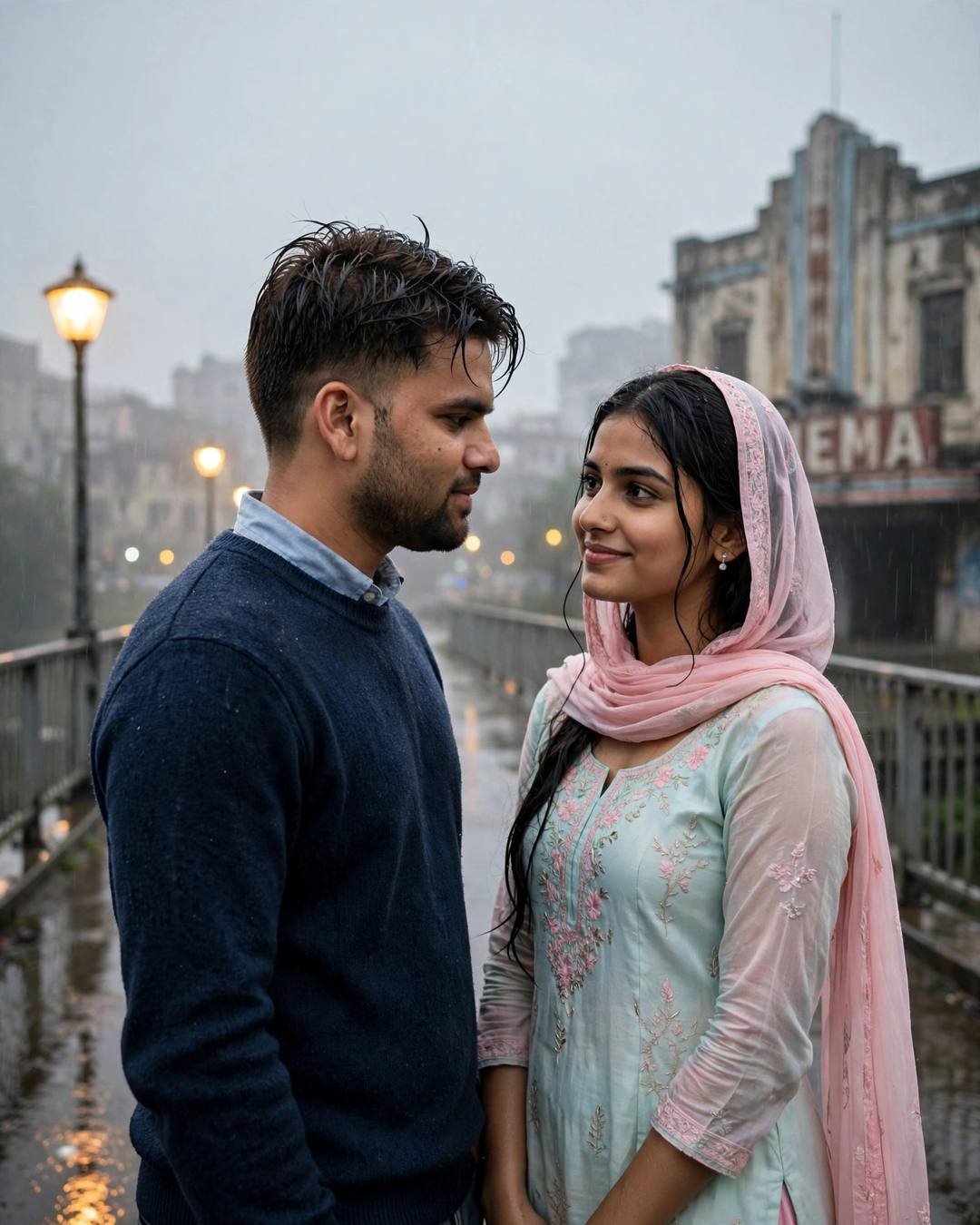 Young Indian couple standing face to face on a rainy bridge, man in navy sweater and woman in pastel salwar-kameez with pink dupatta, old cinema hall behind