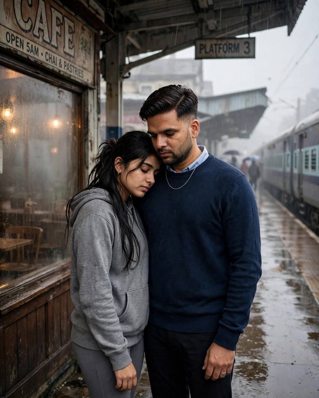 Young Indian couple embracing on a misty railway platform beside an old cafe, train waiting in the background at dawn