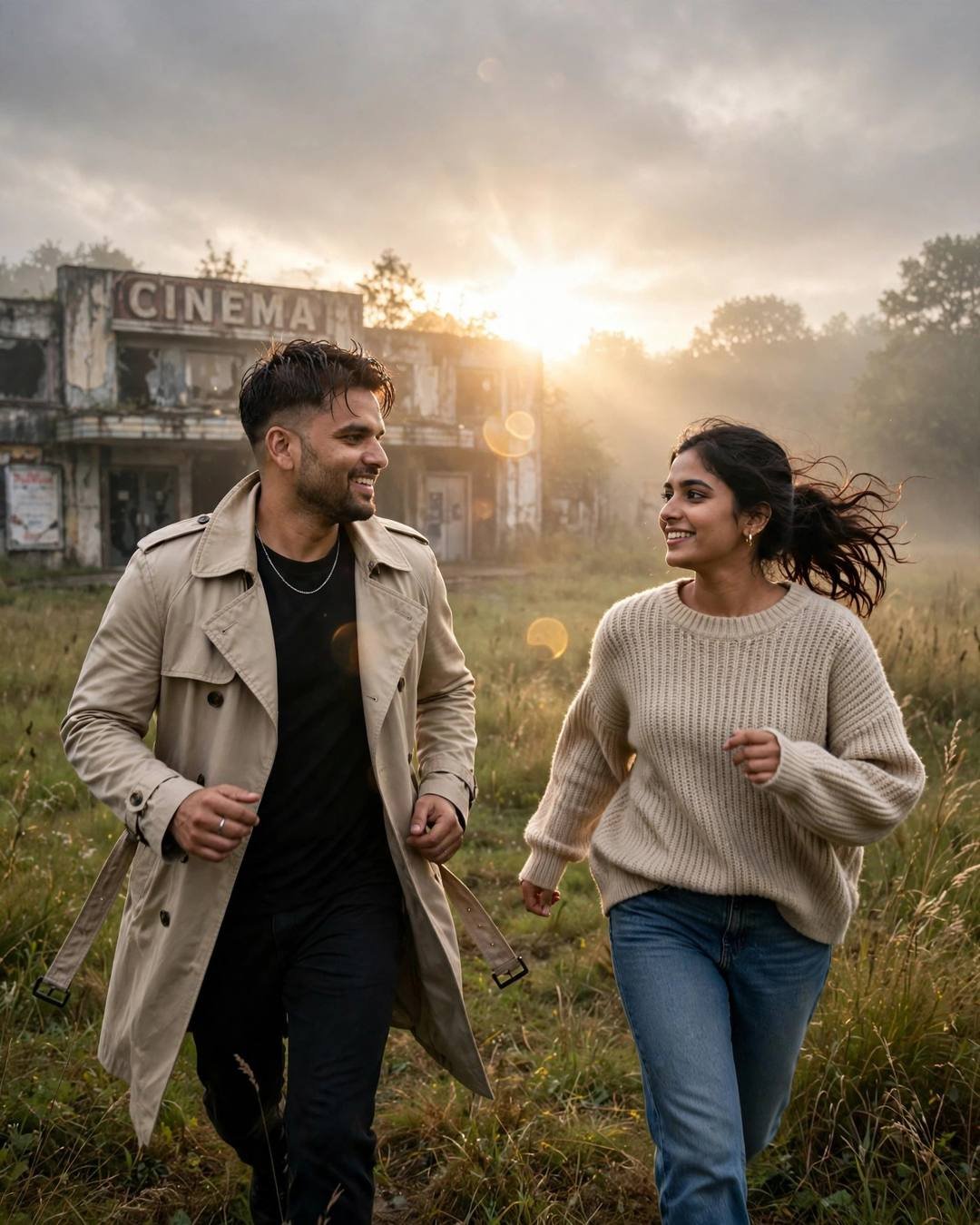 Young Indian couple running toward each other across a grassy field at golden hour, abandoned cinema hall behind, lens flare
