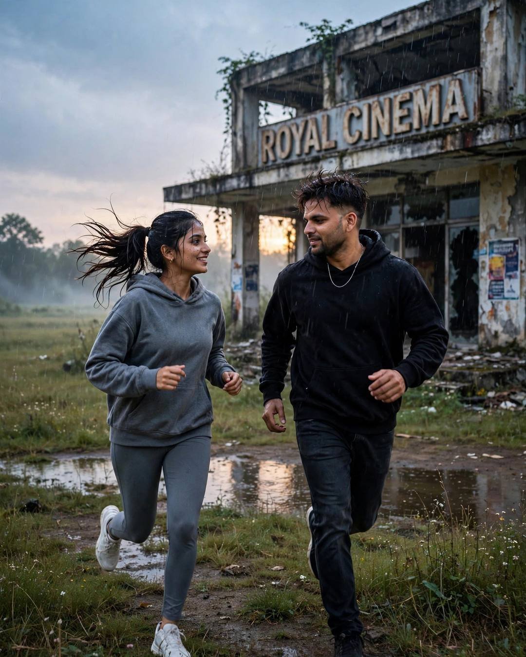 Young Indian couple in hoodies running side by side laughing through a rainy field, abandoned Royal Cinema building behind