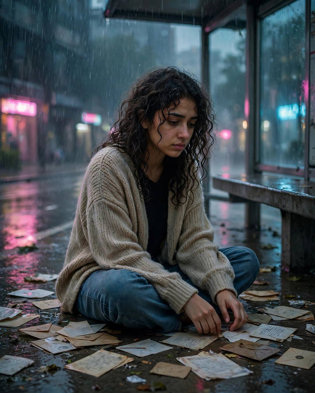 Young Indian woman with curly hair in oversized beige sweater sitting cross-legged among scattered old letters at a rainy neon-lit bus stop