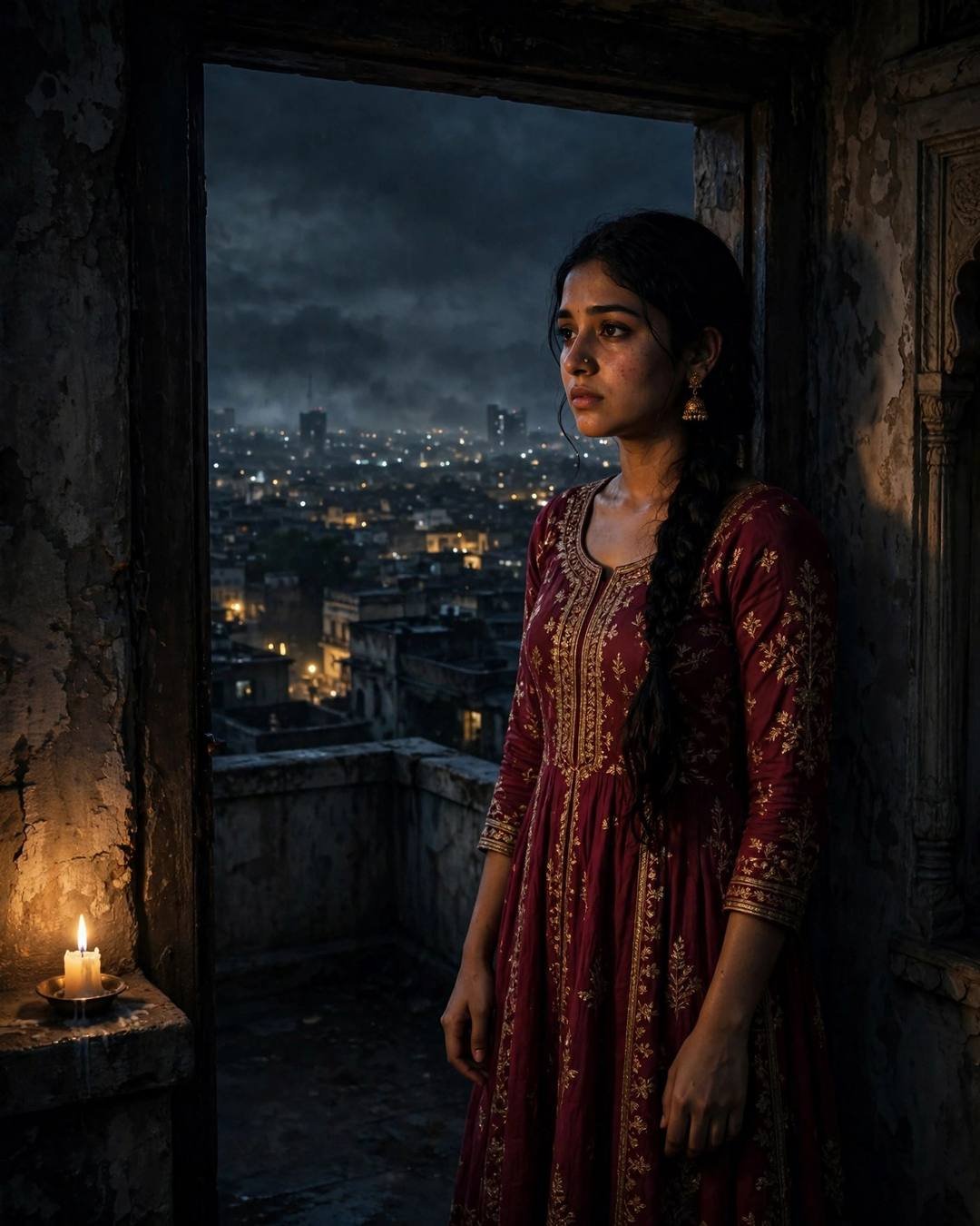 Young Indian woman in maroon anarkali with jhumkas standing in a doorway lit by a single diya, city lights behind at midnight