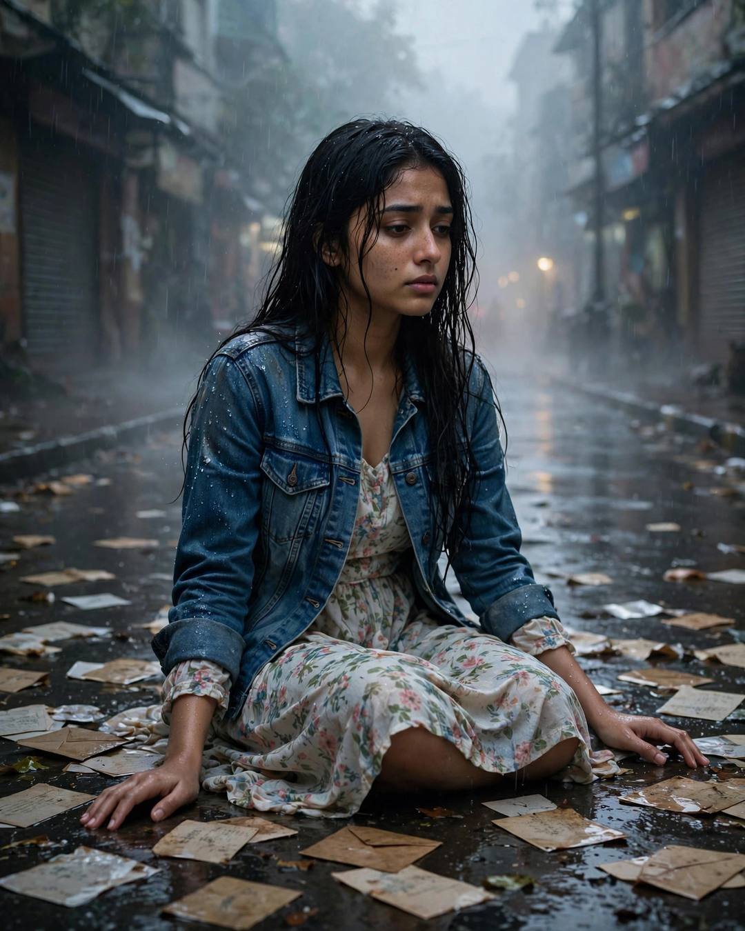 Young Indian woman in denim jacket over floral dress sitting cross-legged among scattered letters on a rain-soaked street in foggy dawn light