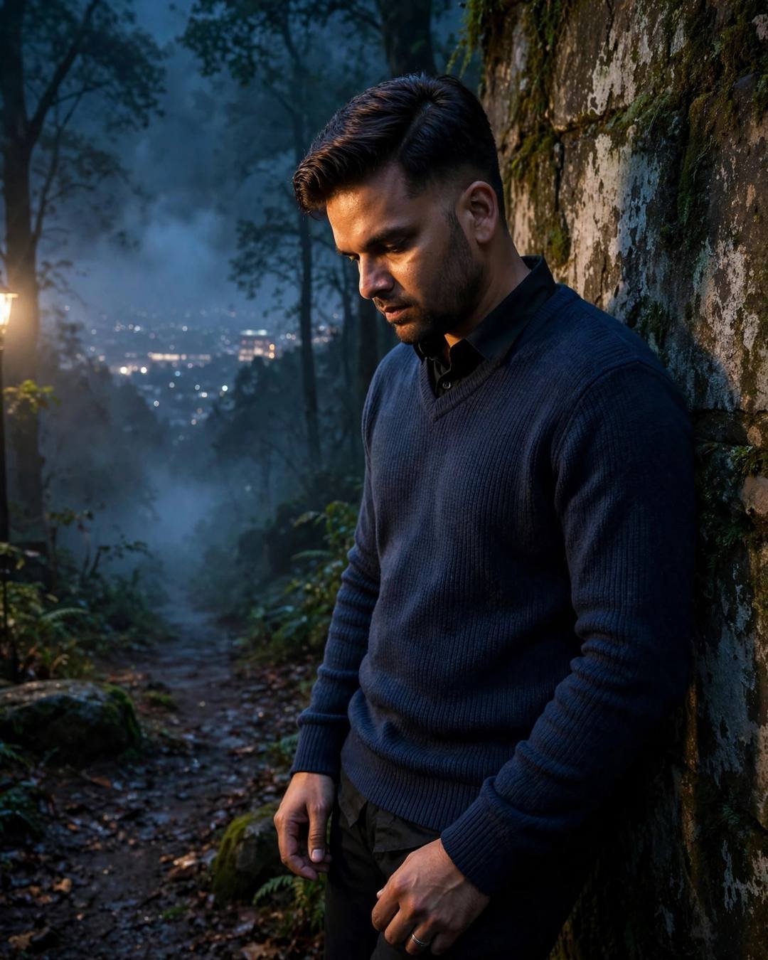 Cinematic AI portrait of a young Indian man — a bright festival crowd parting naturally around, white linen shirt with rolled sleeves, beige trousers, windswept textured hair, night