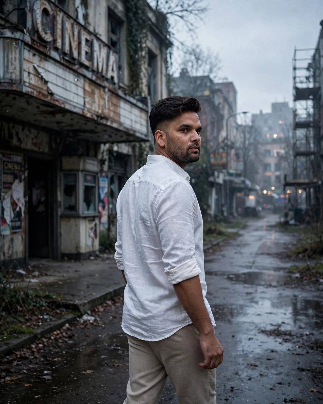 Cinematic AI portrait of a young Indian man — folding his umbrella as the drizzle begins,, white linen shirt with rolled sleeves, beige trousers, neatly combed side part, abandoned cinema hall