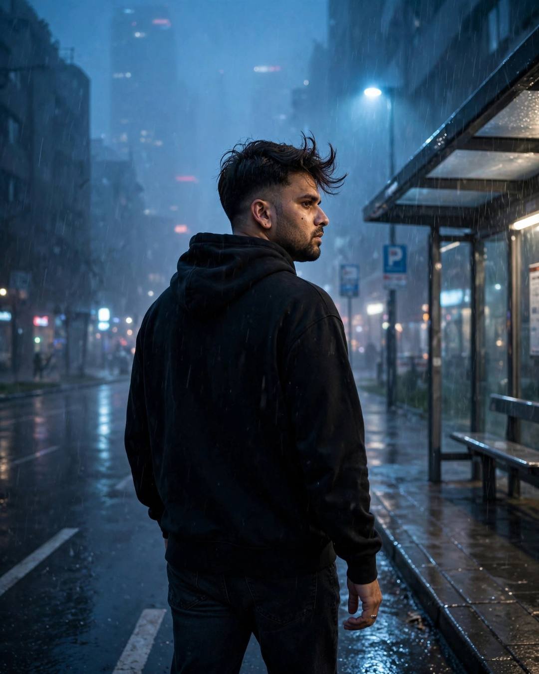 Cinematic AI portrait of a young Indian man — midnight auto ride, city streaking past, black oversized hoodie and dark jeans, windswept textured hair, bus stop in the rain