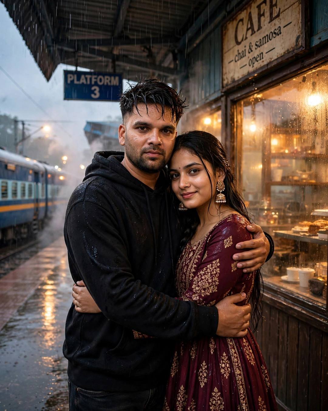 Young Indian couple hugging on a rainy railway platform at golden hour, man in black hoodie, woman in maroon anarkali, old cafe glowing behind