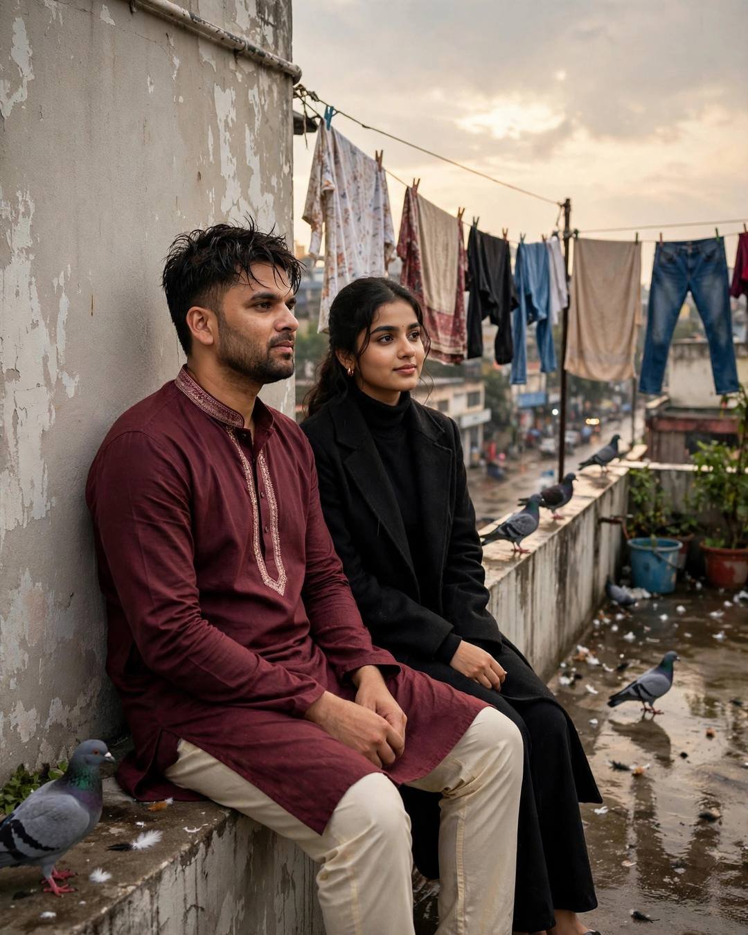 Young Indian couple sitting on a rooftop ledge at dusk, man in maroon kurta, woman in black turtleneck and long coat, pigeons and clothes lines around
