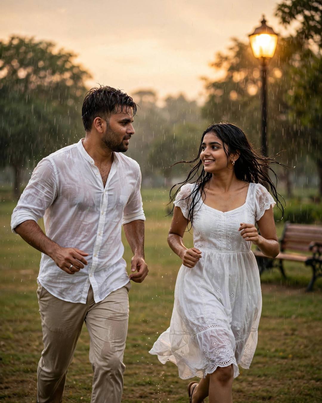 Young Indian couple running toward each other in a rainy park at golden hour, man in white linen shirt, woman in flowing white dress, lamp glowing