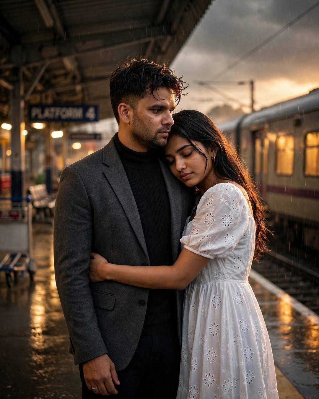 Young Indian couple embracing on a railway platform at dusk, woman's hand in man's hair, charcoal blazer and white dress, pink crimson clouds