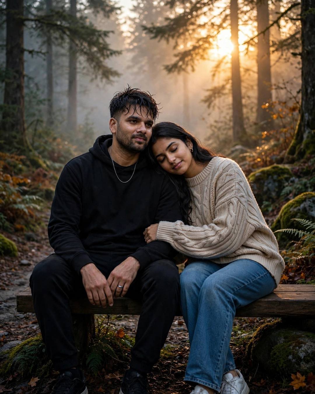 Young Indian couple sitting close on a bench on a misty forest path, woman's head on man's shoulder, black streetwear, beige cable-knit sweater, golden flare