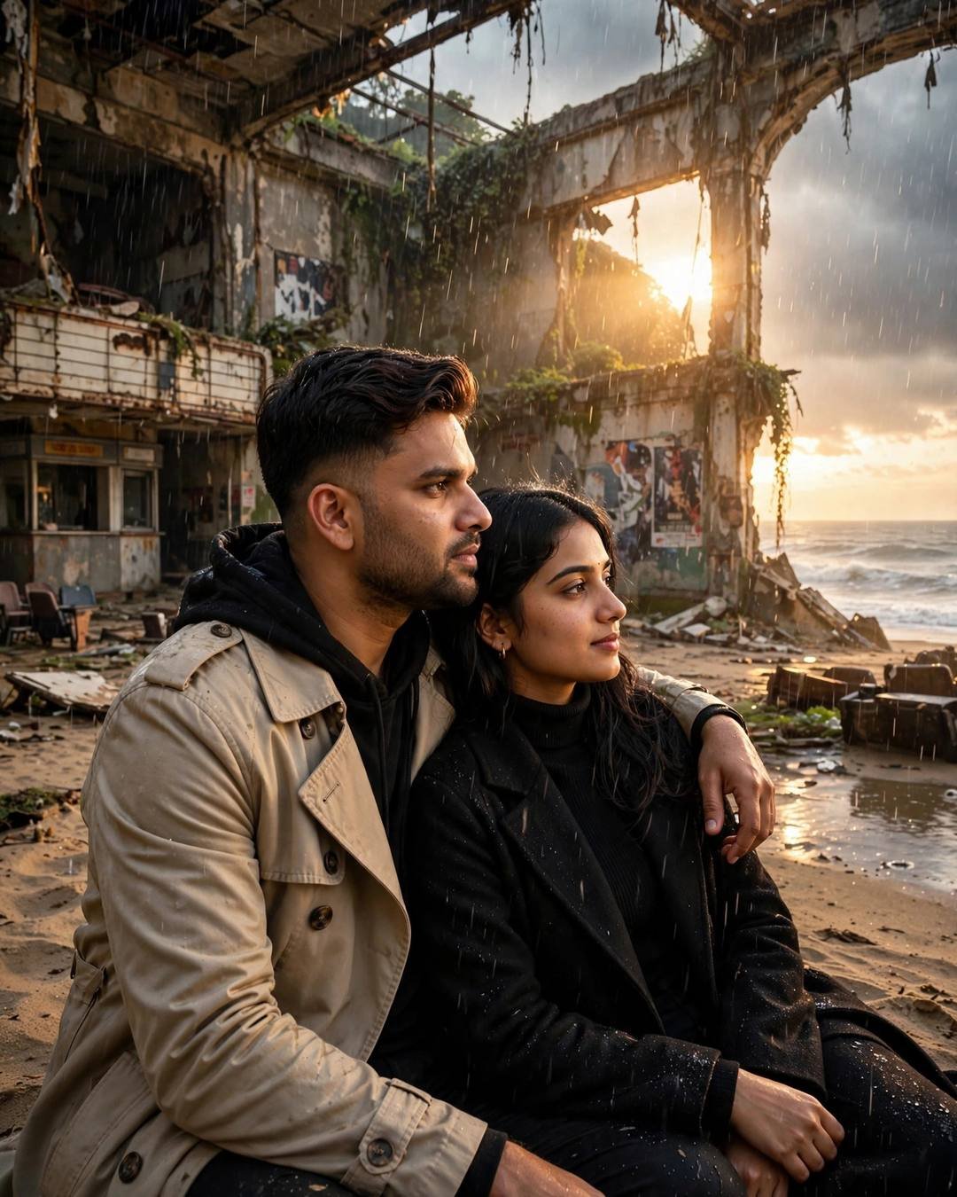 Cinematic AI portrait of a young Indian couple — her adjusting his safa as his sherwani, olive field jacket, white tee, cargo pants, slightly messy morning hair, rooftop overlooking sleeping city lights