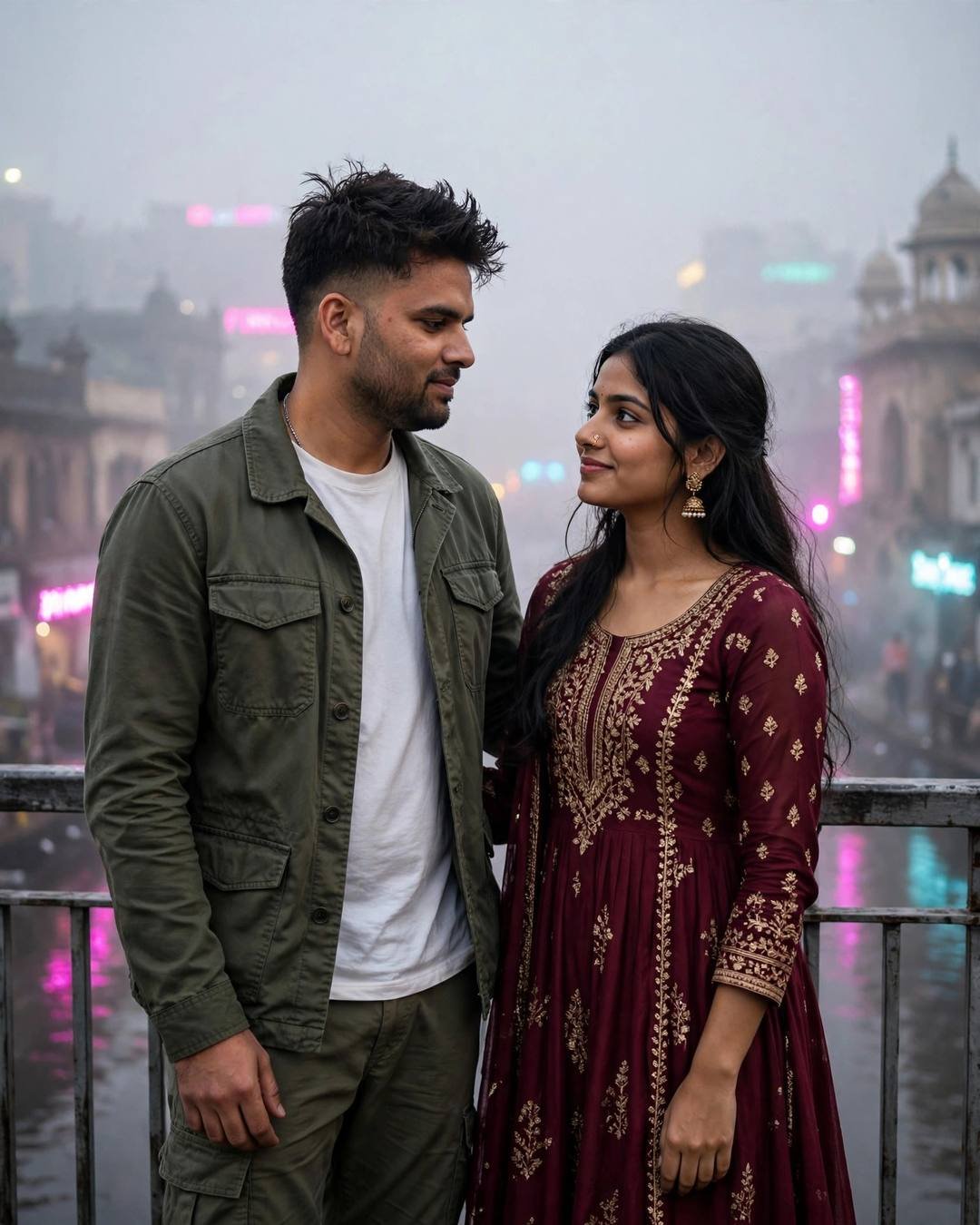 Cinematic AI portrait of a young Indian couple — dhol beats rising as they join a, all-black streetwear with sneakers, neatly combed side part, bridge over a slow river