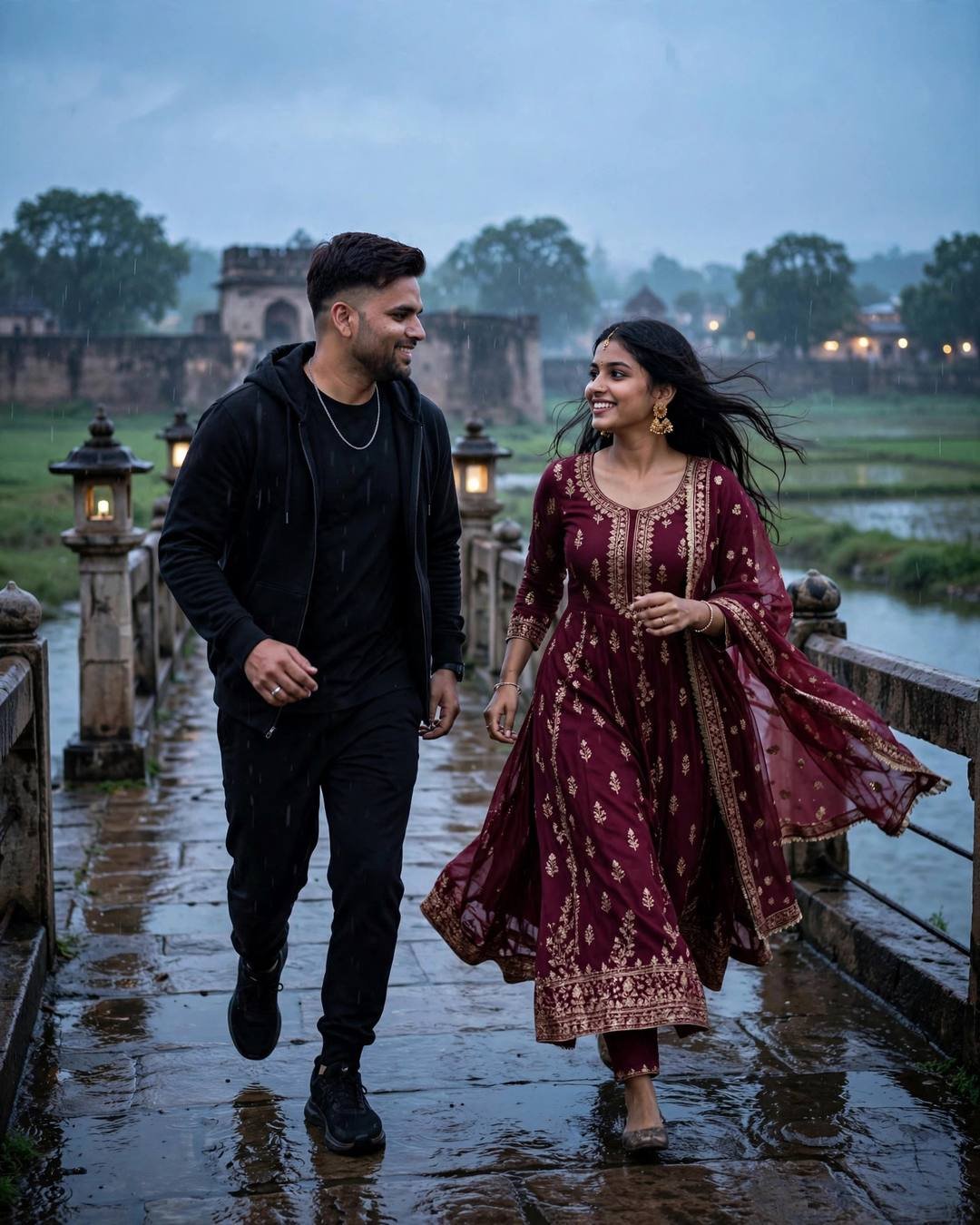 Cinematic AI portrait of a young Indian couple — walking beneath a canopy of marigold strings, beige trench coat over dark layers, neatly combed side part, abandoned cinema hall
