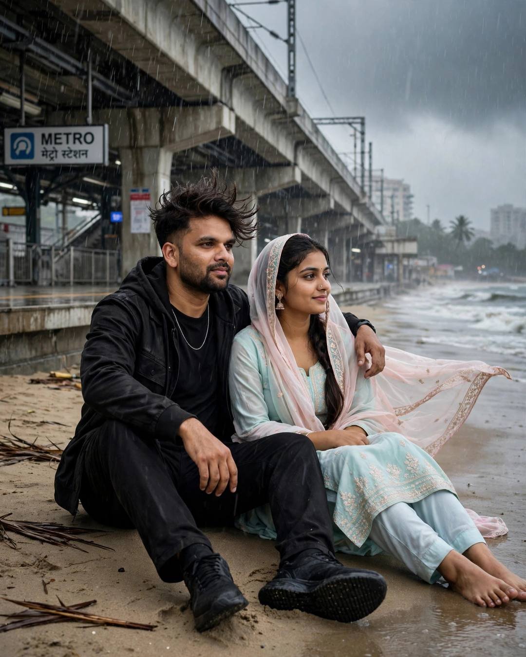 Cinematic AI portrait of a young Indian couple — exchanging fragrant flower garlands beneath a vast, all-black streetwear with sneakers, windswept textured hair, midnight metro station