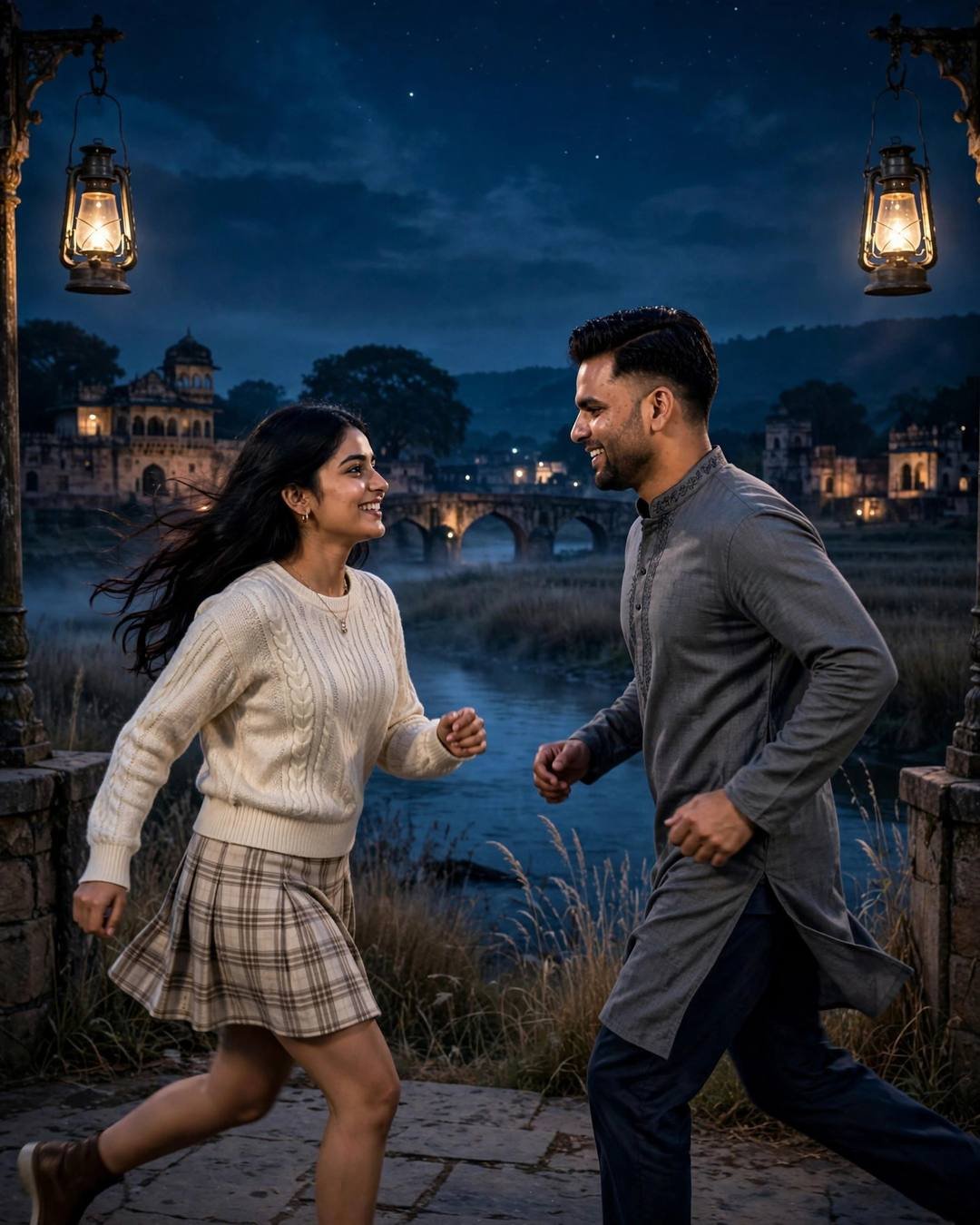 Cinematic AI portrait of a young Indian couple — a royal entry under a phoolon ki, grey kurta with dark pajama, neatly combed side part, bridge over a slow river