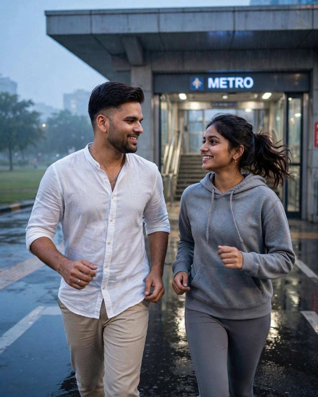 Smiling couple running toward each other outside a metro station at dawn on wet streets