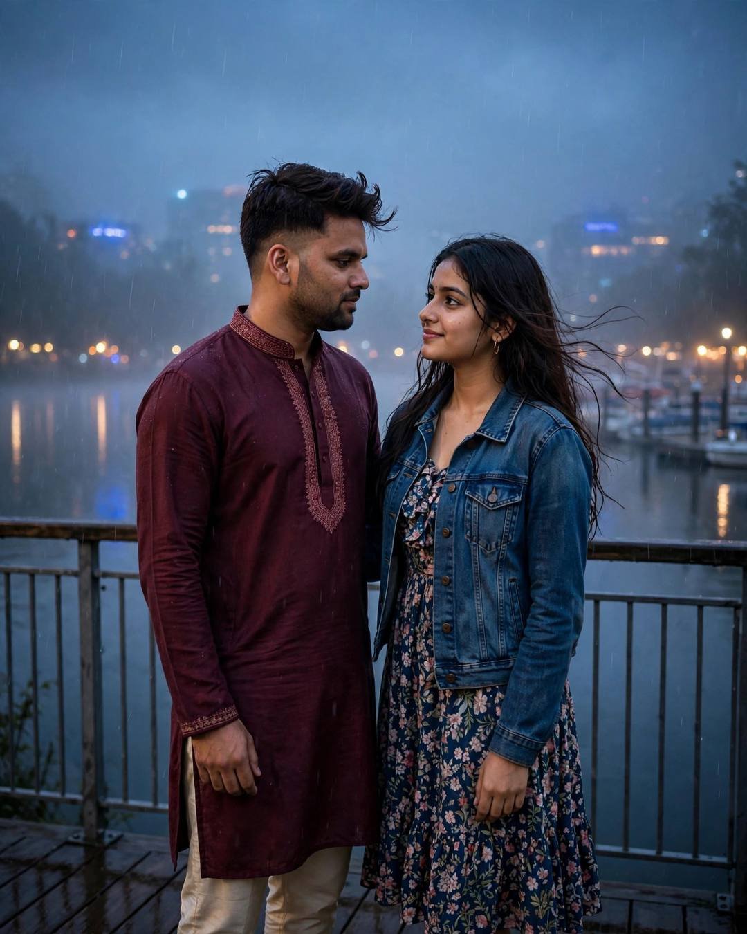 Couple gazing at each other on a foggy bridge at dawn, man in maroon kurta, woman in denim jacket
