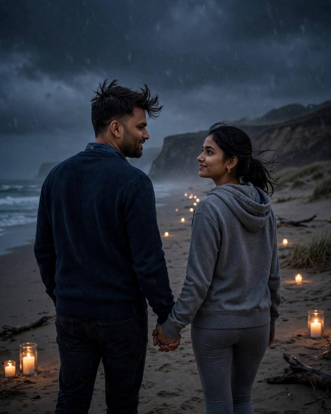 Couple holding hands walking away on a candle-lined beach at dusk under a stormy sky