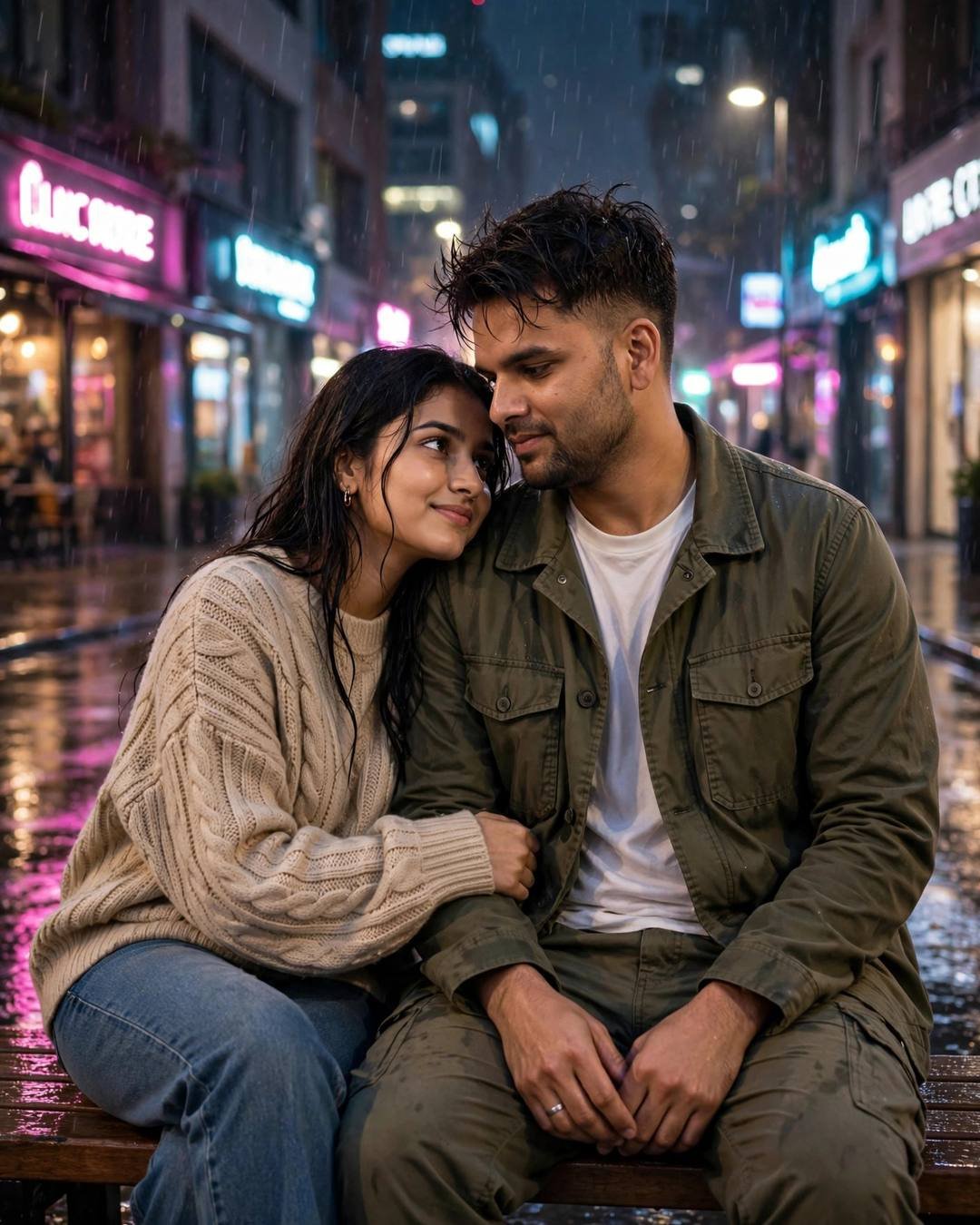 Couple sitting close on a bench on a neon-lit rainy street at night, her head on his shoulder