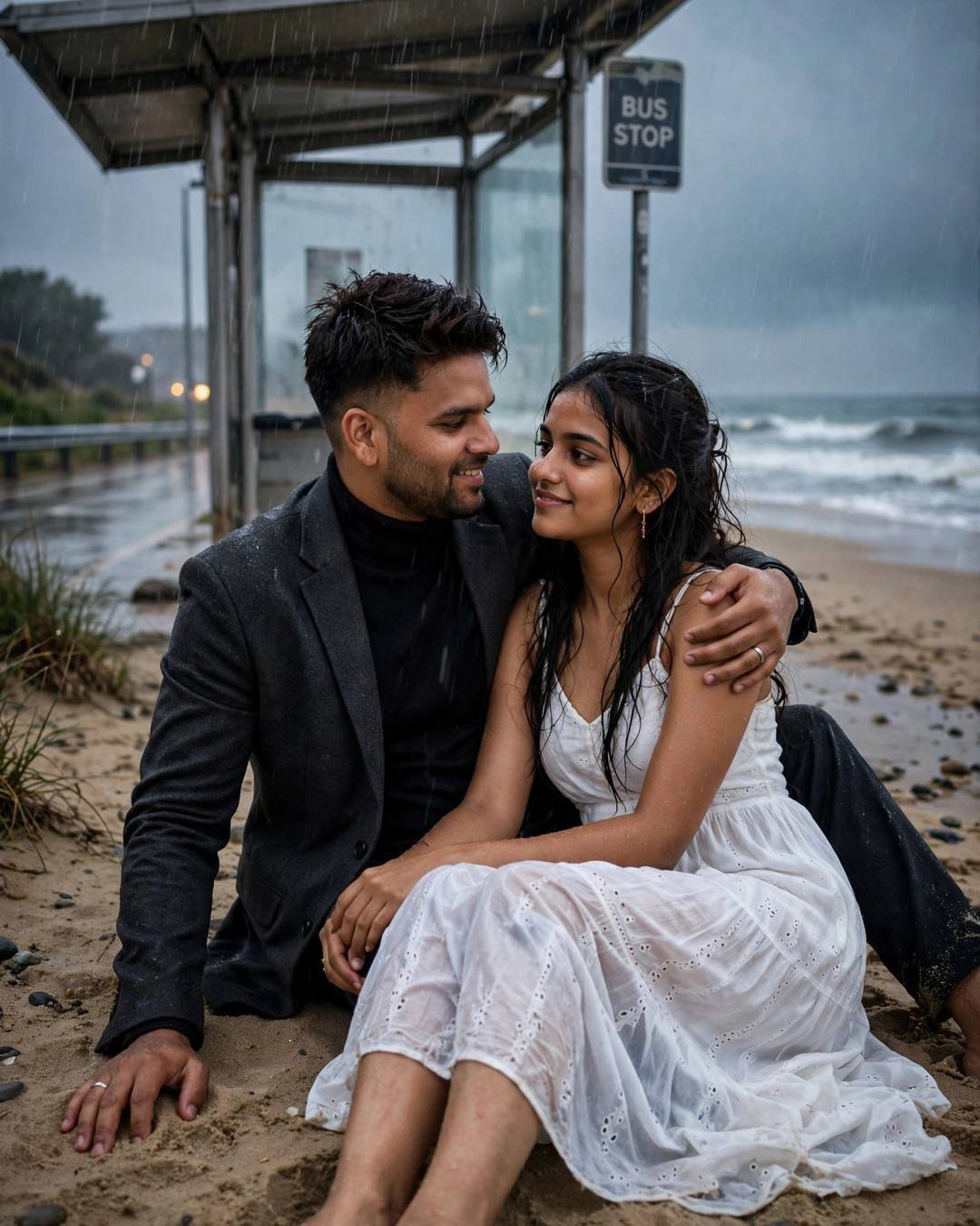 Couple sitting on a rainy beach with his arm around her, watching the waves, bus stop behind