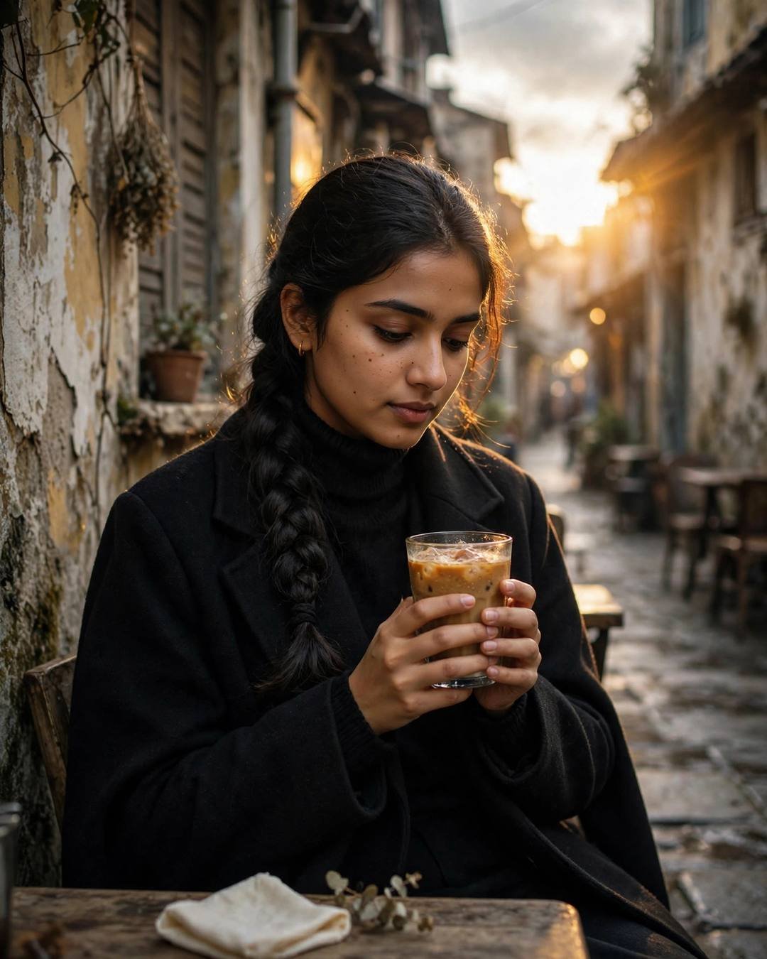 Young Indian woman in black turtleneck holding an iced coffee at a cafe table in an old lane at golden hour