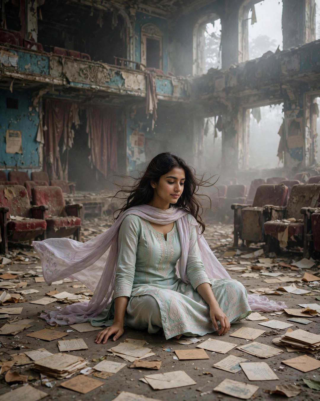 Young Indian woman in pastel salwar-kameez sitting among old letters in an abandoned cinema hall