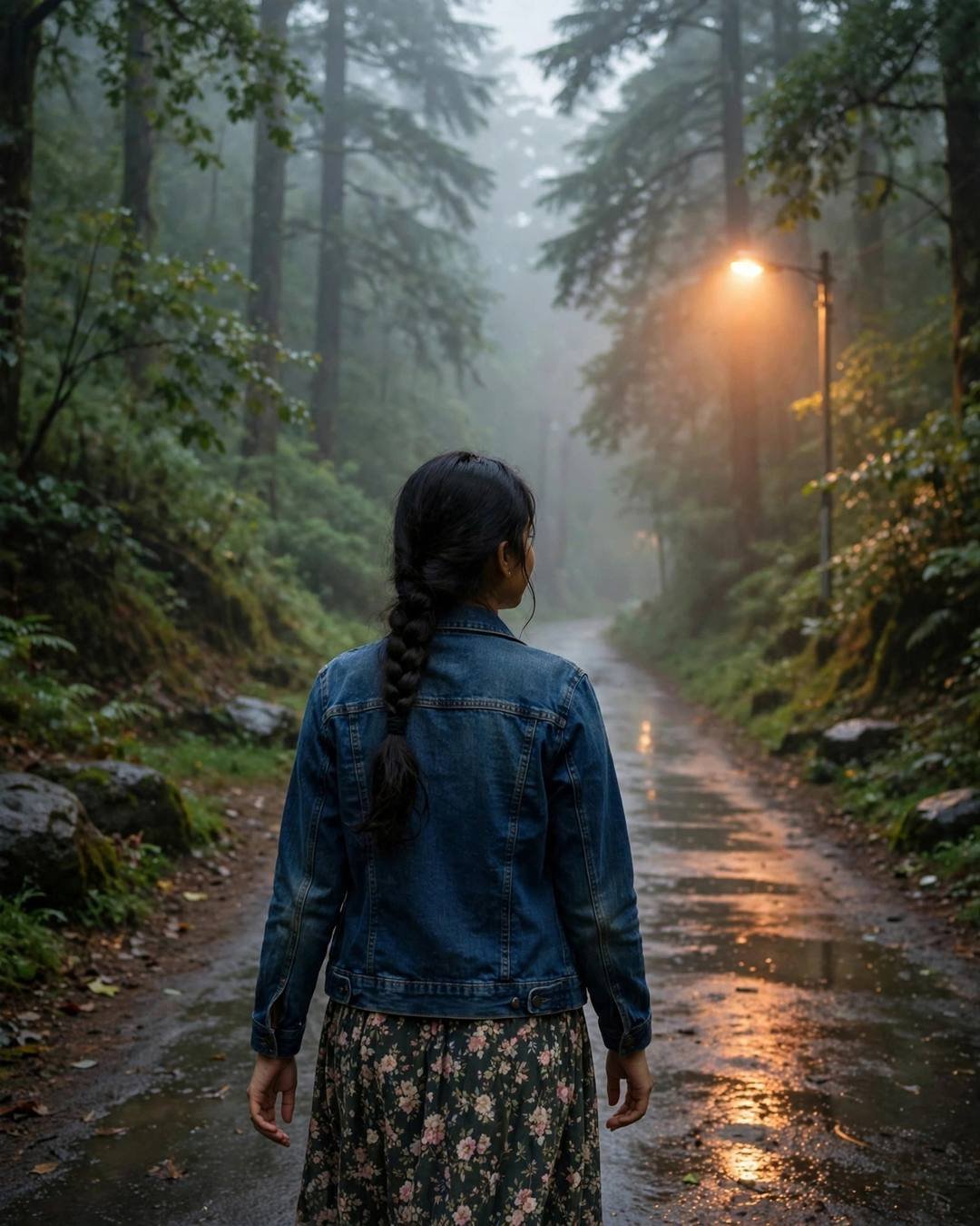Young Indian woman in denim jacket walking away down a misty forest path toward a glowing streetlamp